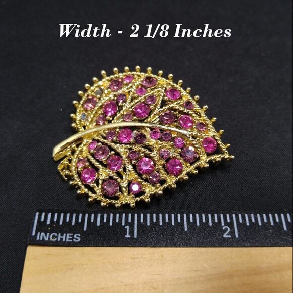 Vintage Heart Shaped Leaf Brooch, Magenta Purple Rhinestones, 1960s, 2 1/8 Inch - Picture 9 of 10